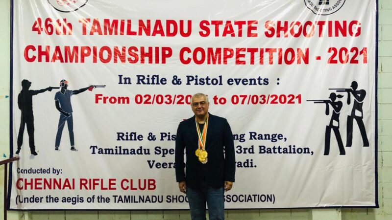 46-வது தமிழ்நாடு மாநில துப்பாக்கி சுடும் போட்டியில் பங்கேற்று முதலிடத்தை பிடித்து தங்கம் வென்றார் தல அஜித்குமார்.